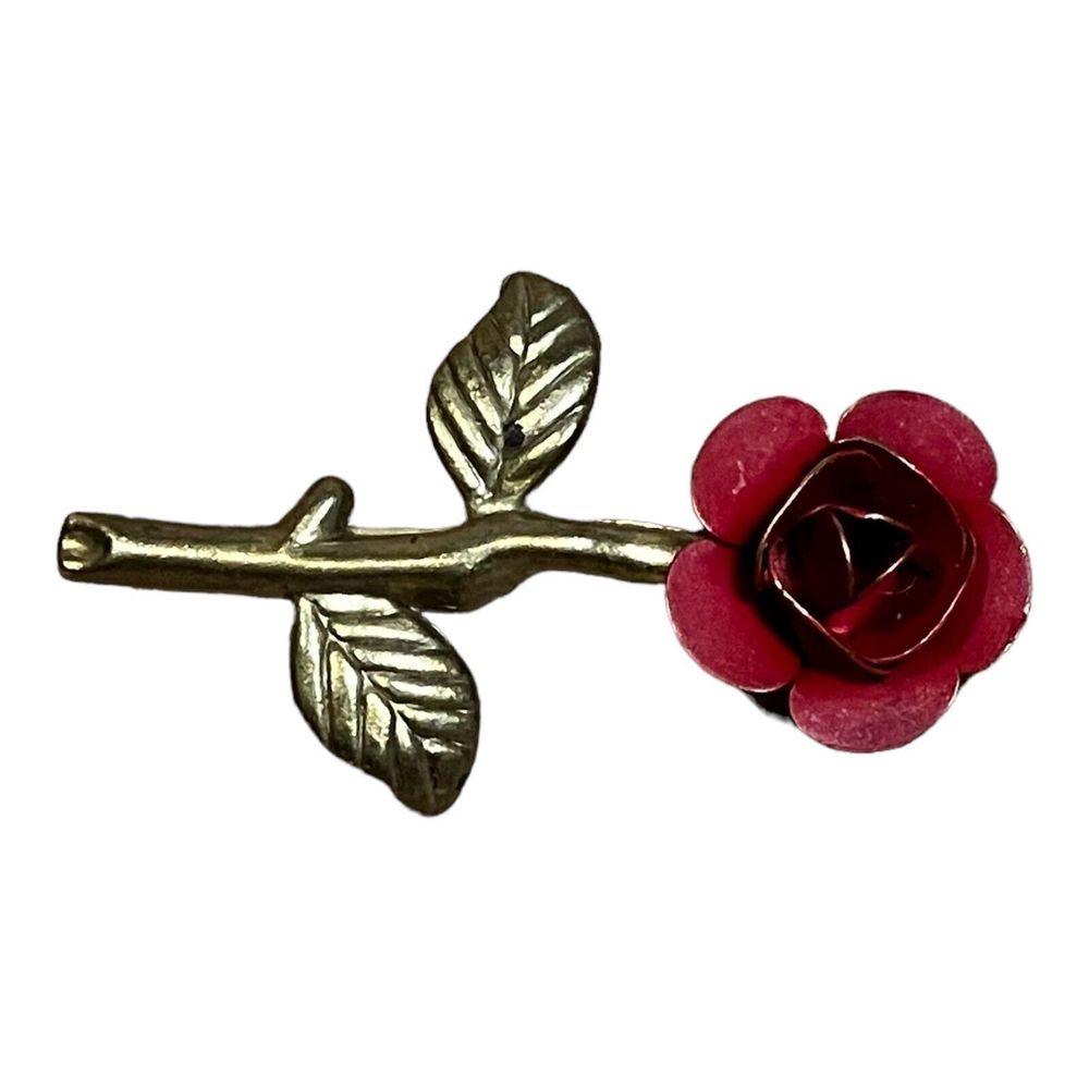 Vintage Red Rose Brooch Pin Gold Tone Metal Floral Statement Jewelry